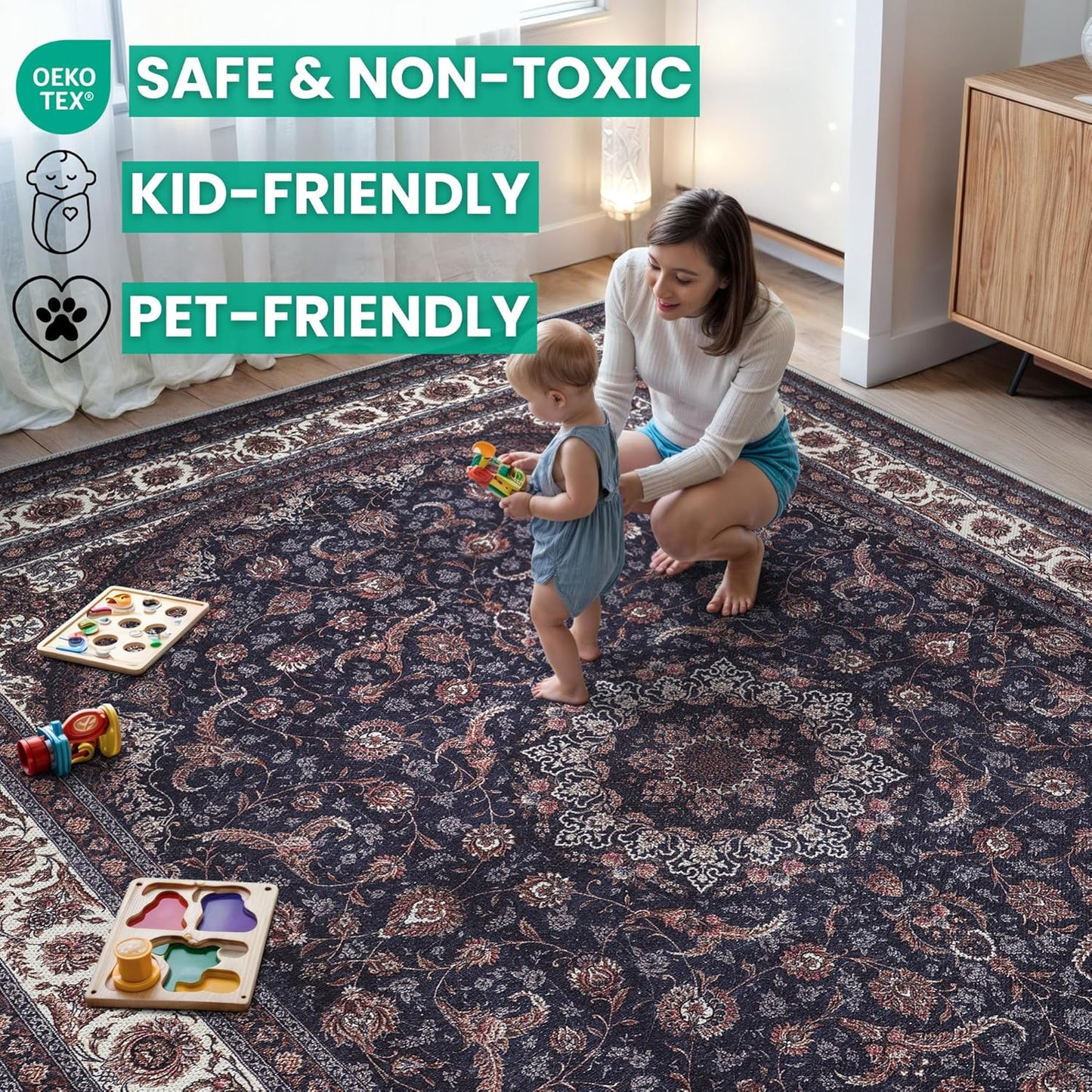 Bloom Rugs Washable Non-Slip 8' x 10' Rug - Navy Traditional Medallion Area Rug for Living Room, Bedroom, Dining Room, and Kitchen - Exact Size: 8' x 10'