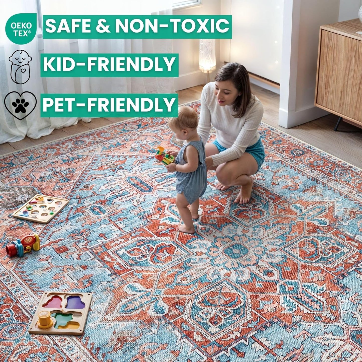 Bloom Rugs Washable Non-Slip 10 ft Runner - Coral/Sky Blue Traditional Medallion Runner for Entryway, Hallway, Bathroom, and Kitchen - Exact Size: 2.5' x 10'