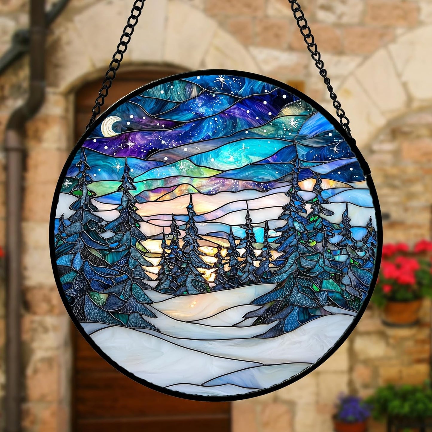 Stained Glass Window Hanging, Starry Sky Trees and Snow Sun Catchers Glass Panel Blue Suncatcher Decor for Birthday for Women, Men, Wife, Aunt, and Mom 11.8x11.8 in