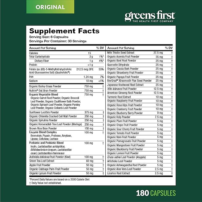 Greens First PRO Phytonutrient Capsules - 30 Servings - 54 Antioxidant Superfoods, Organic Fruits & Vegetables - Prebiotics, Probiotics & Digestive Enzymes - Dairy & Wheat-Free, Non-GMO - 180 Capsules