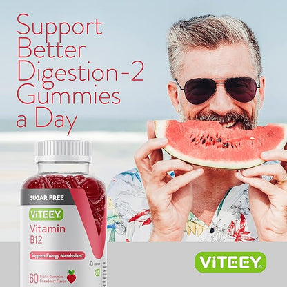 Viteey Vitamin B12 Gummies for Adults & Teens 1000mcg, Sugar Free - Good for Energy, Metabolism, Natural Energy Support - Vegan, Gelatin Free, Gluten Free, GMO Free - Chewable Strawberry Flavored
