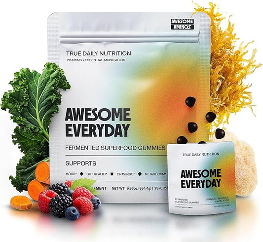 Awesome Everyday Superfood Gummies for Adults – Daily Multivitamin for Women & Men - EAAs, Mushrooms & Adaptogens - Vegan, No Artificial Flavors, Colors or Seed Oils - Essential Amino Acids - 28 Count