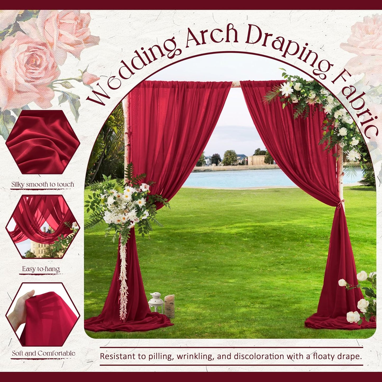 VACVELT Wedding Arch Draping Fabric - Burgundy Chiffon, 2 Panels Sheer Drapes, 30 Inch x 20ft Backdrop Curtain for Outdoor Wedding Ceremony Decor