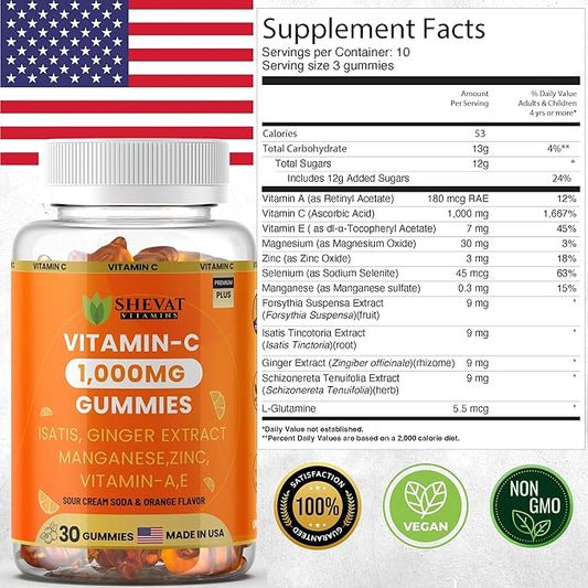 Vitamin C Gummies 1000mg – Antioxidant & Immune Support with Zinc, Ginger, Isatis & Manganese – Vitamin A & E – Sour Cream Soda & Orange Flavor – 30 Gummies, Made in USA