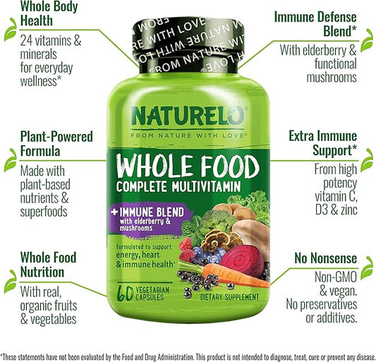 NATURELO Whole Food Multivitamin + Immune Blend with Elderberry & Mushrooms - Complete Multivitamin with Extra Immune Support - C, D3, Zinc, Elderberry, Reishi, Shitake, 60 Vegan Capsules (Pack of 2)