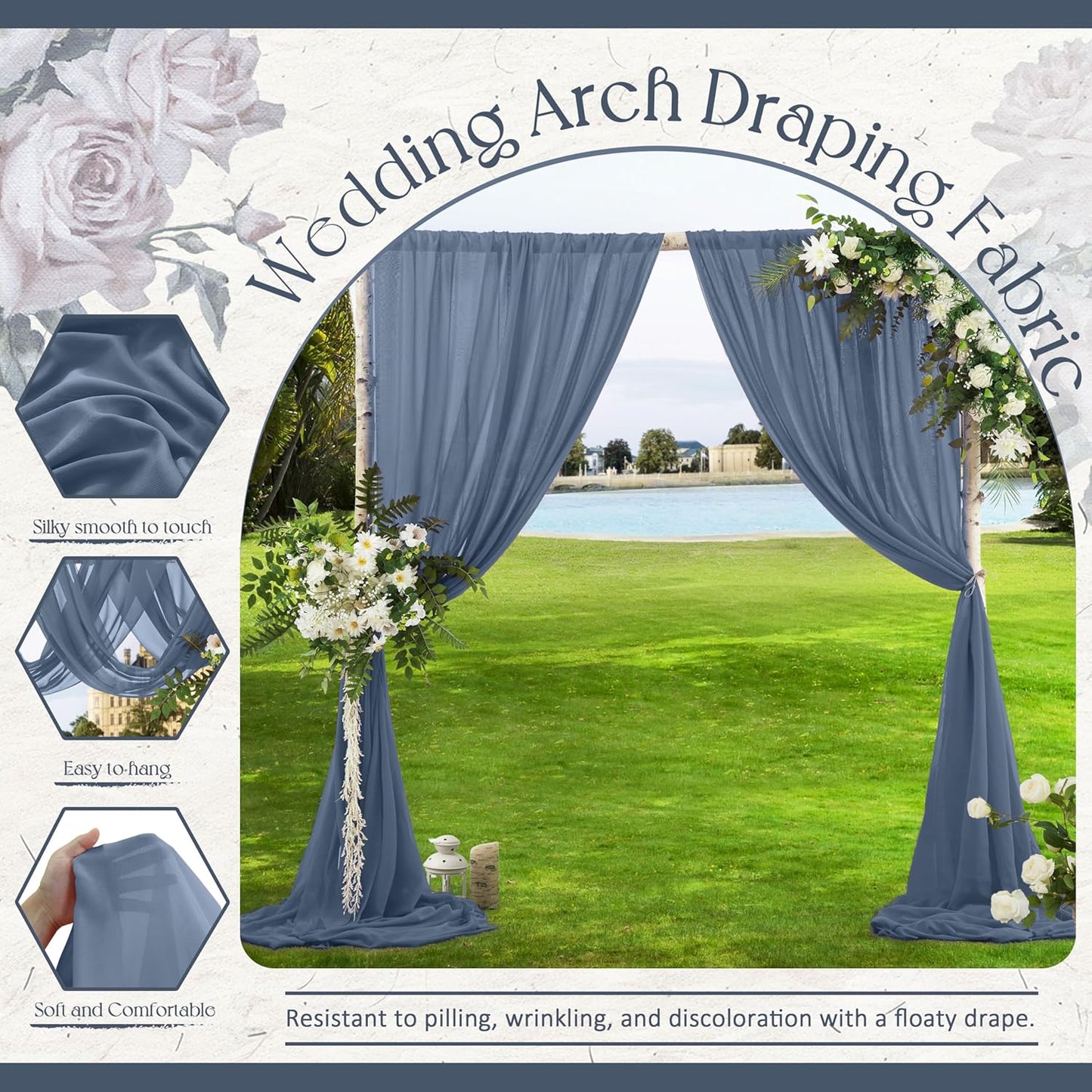 VACVELT Wedding Arch Draping Fabric Dusty Blue Chiffon, 1 Panel Sheer Drapes 30 Inch x 20ft Chiffon Backdrop Curtain Decor, Outdoor Sheer Drapery for Ceremony Party Ceiling