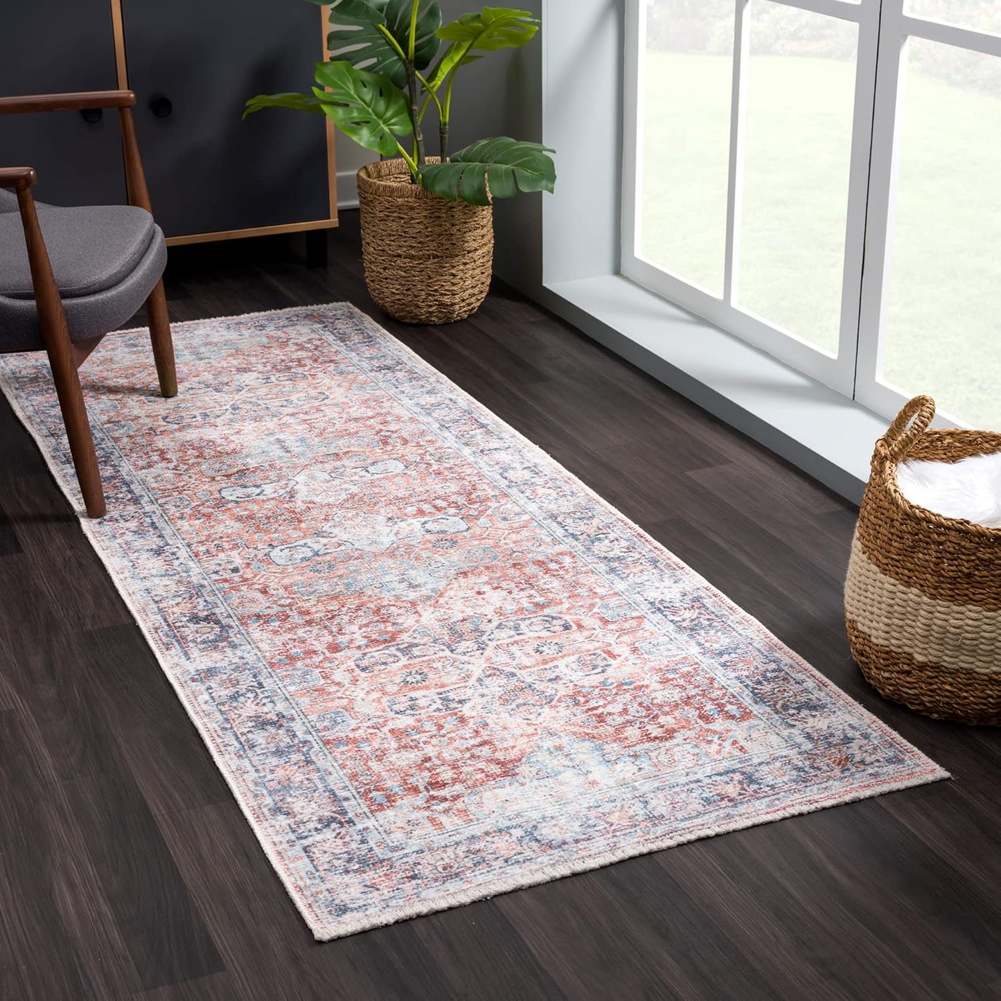 Bloom Rugs Caria Washable Non-Slip 10 ft Runner - Brick/Dark Blue Traditional Runner for Entryway, Hallway, Bathroom, and Kitchen - Exact Size: 2'6" x 10'