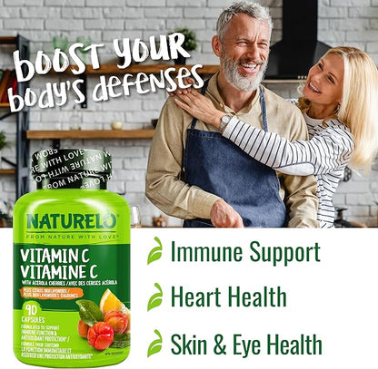 NATURELO Vitamin C with Organic Acerola Cherry Extract and Citrus Bioflavonoids - Vegan Supplement - Immune Support - 500 mg VIT C per Cap - Non-GMO - 90 Capsules