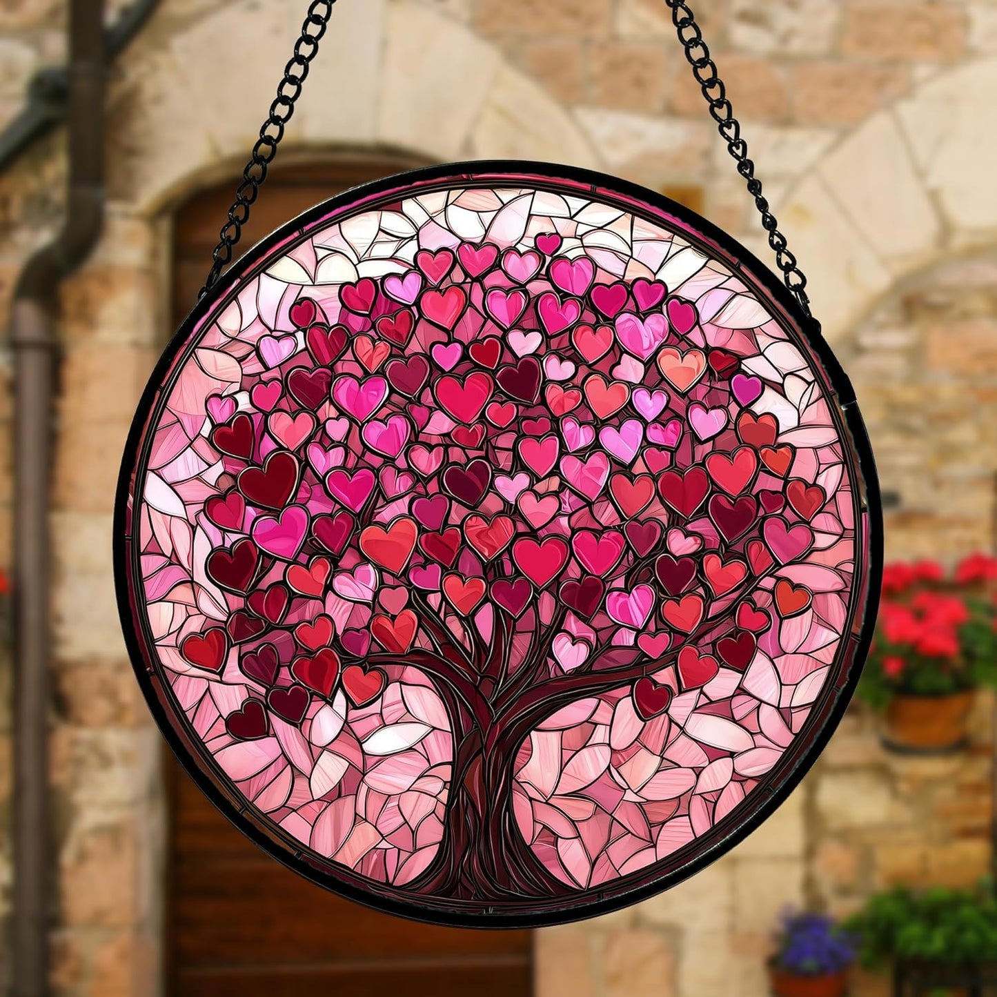 Stained Glass Window Hanging - DASTOLL, Birthday Gifts for Women Men Mom Dad, Pink Love Tree Suncatcher for Doors Window Home Sun Catchers Decor 6.3 in