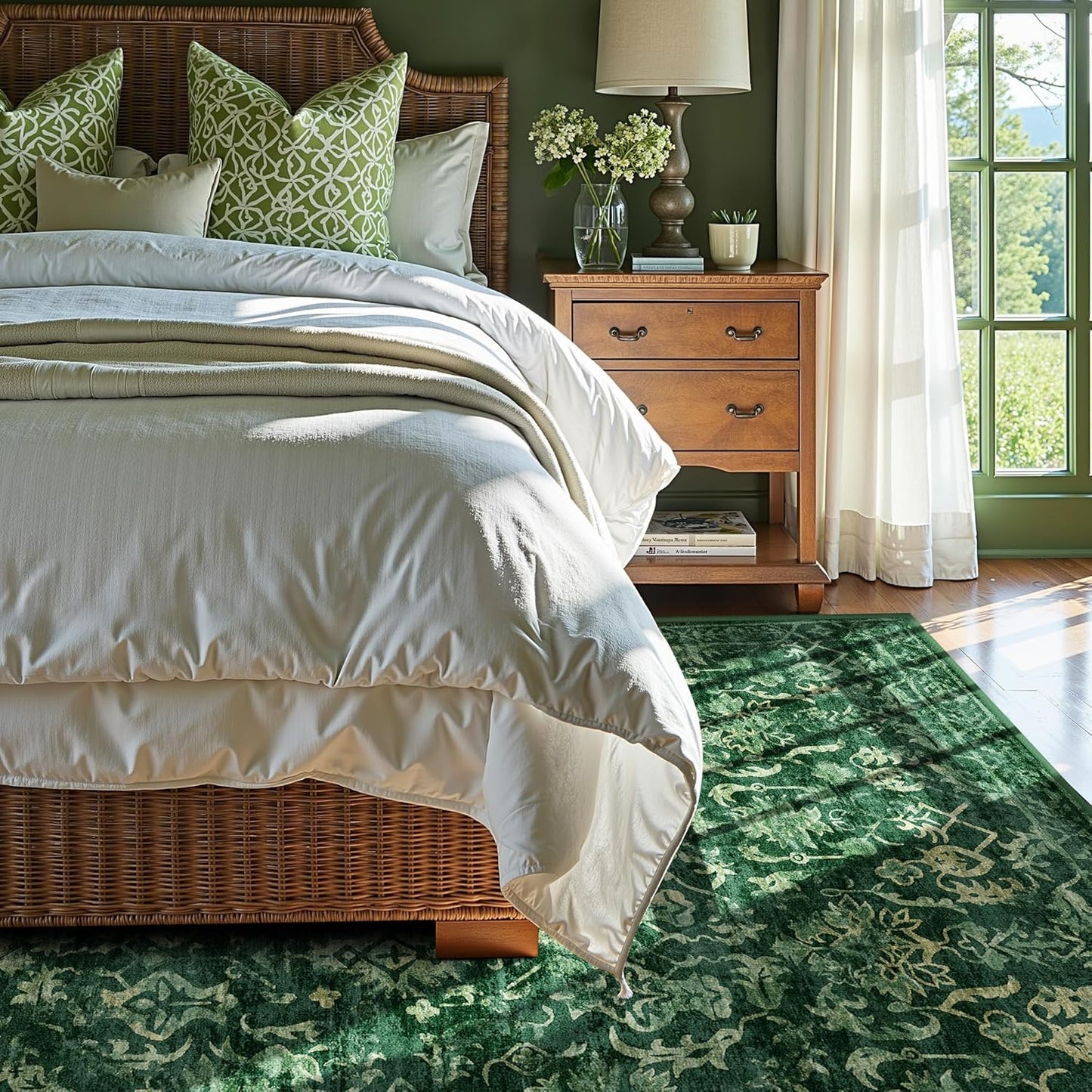 Dark Green Vintage Area Rug 5x7 for Living Room, Washable Distressed Farmhouse Soft Thin Non-Shedding Indoor Throw Rug, Traditional Accent Carpet for Bedroom Office