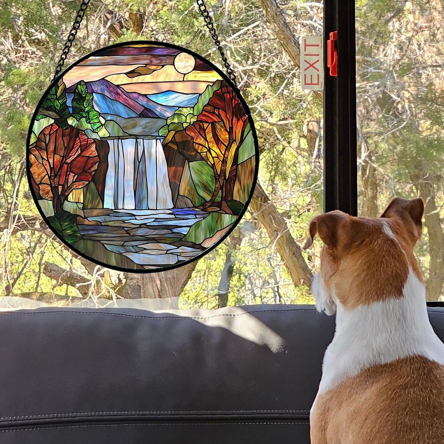 Stained Glass Window Hanging, Abstract Landscape Waterfall Mountains Trees Suncatcher for Doors Window Home Sun Catchers Decor Mother's Day Birthday Gifts for Women Men Mom 15 in