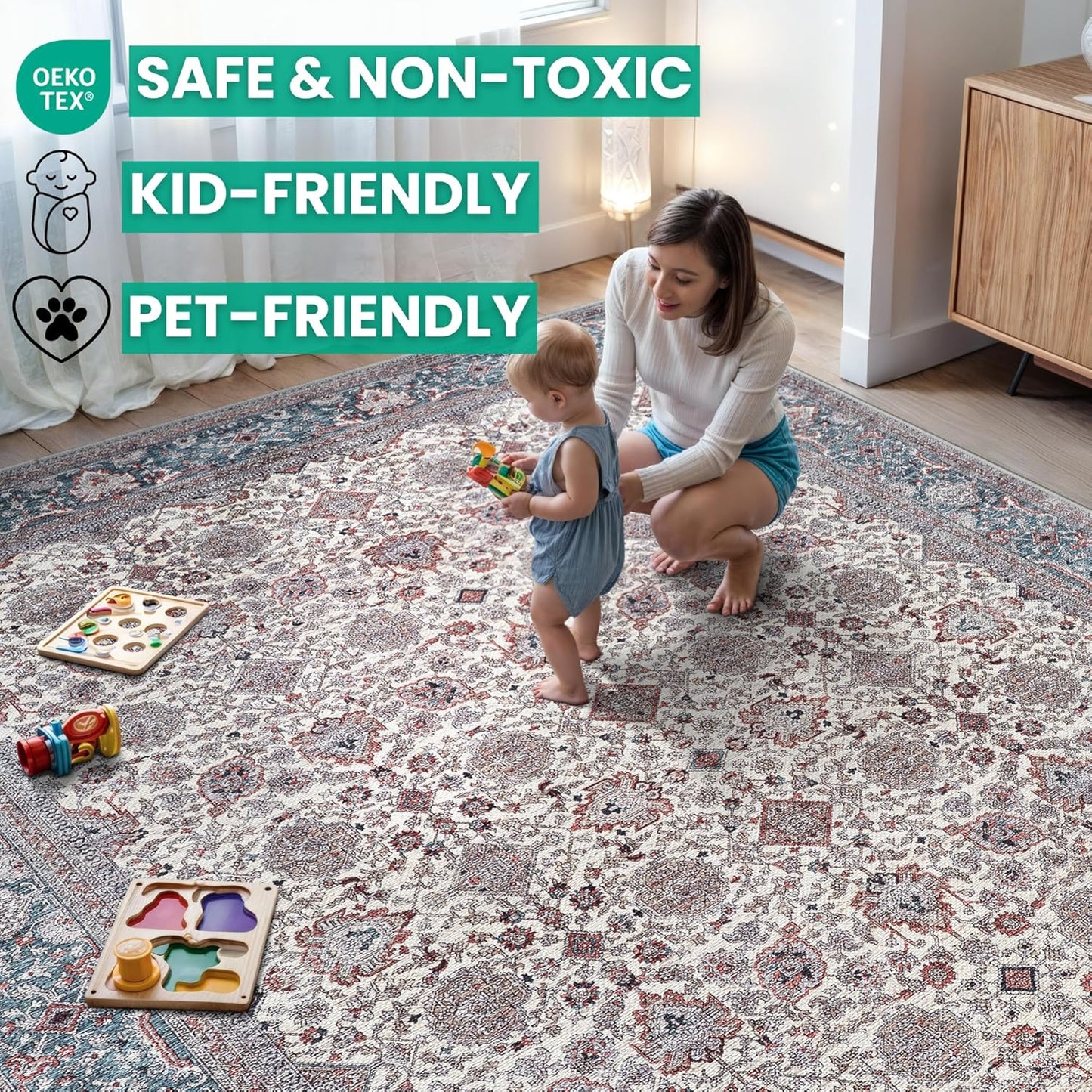 Bloom Rugs Washable Non-Slip 9' x 12' Rug - Teal/Blue/Beige Traditional Oriental Area Rug for Living Room, Bedroom, Dining Room, and Kitchen - Exact Size: 9' x 12'