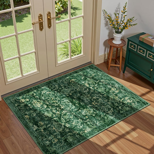 Dark Green Area Rug 2x3 Entryway Rug for Bedroom Bathroom, Non-Slip Low-Pile Washable Distressed Boho Carpet Retro Accent Doormat for Laundry Room Hallway Kitchen 24x36 Inch