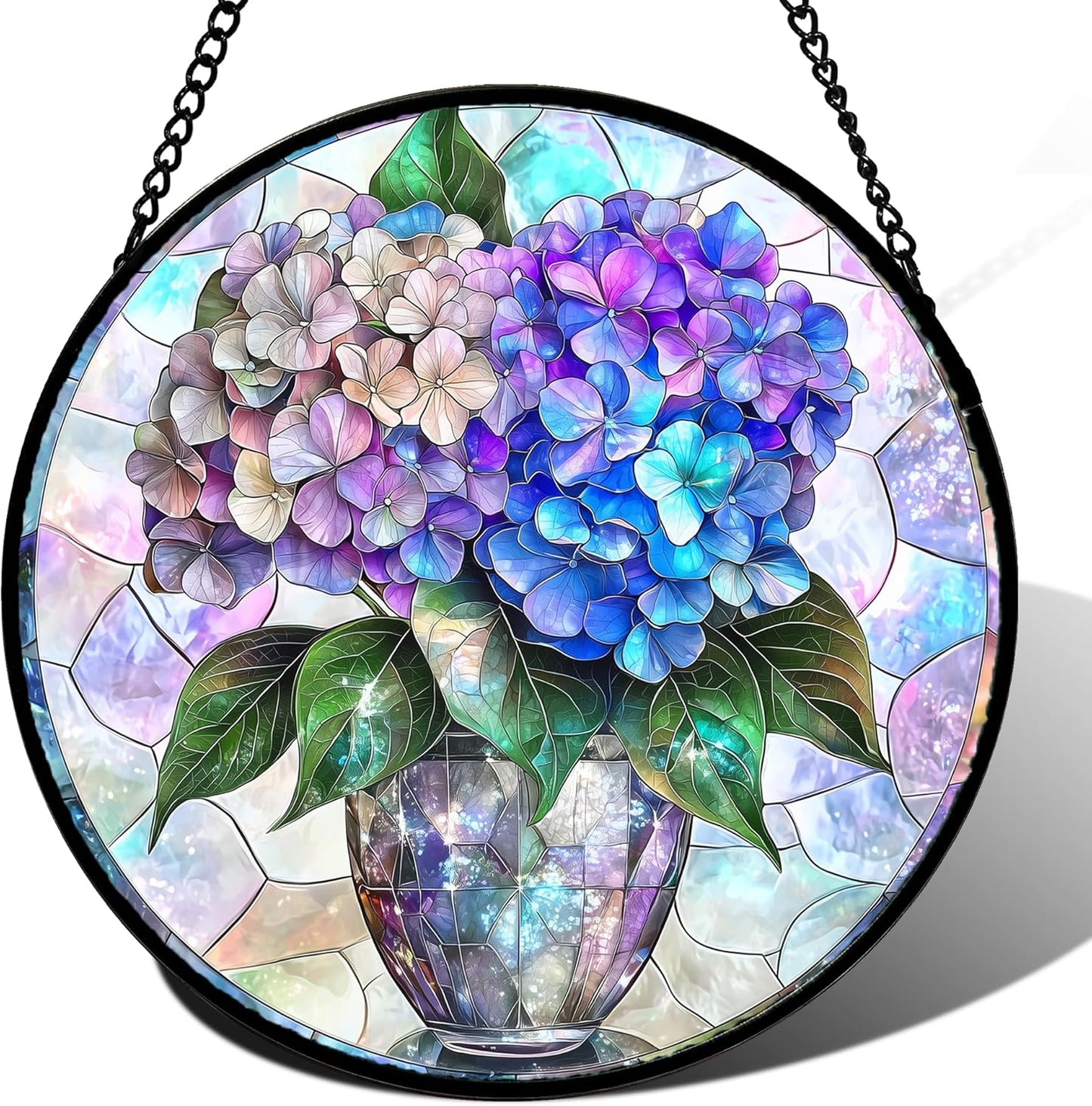 Stained Glass Window Hanging, Blue Purple Hydrangea Flowerpot Suncatcher for Doors Home Sun Catchers Decoration and Christmas, Mother's Day Birthday Gifts for Women, Men, and Mom 6.3x6.3 in