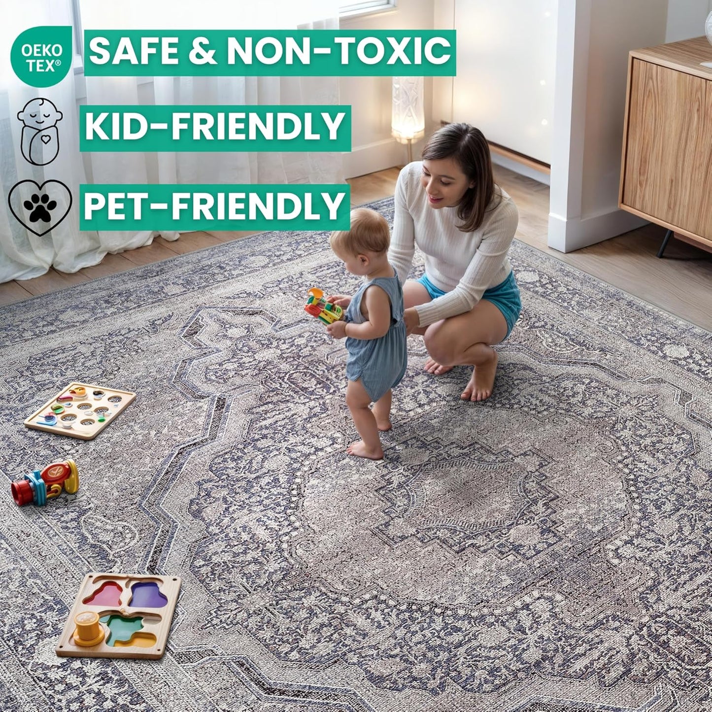 Bloom Rugs Washable Non-Slip 9' x 12' Rug - Blue/Steel Gray/Beige Traditional Medallion Area Rug for Living Room, Bedroom, Dining Room, and Kitchen - Exact Size: 9' x 12'