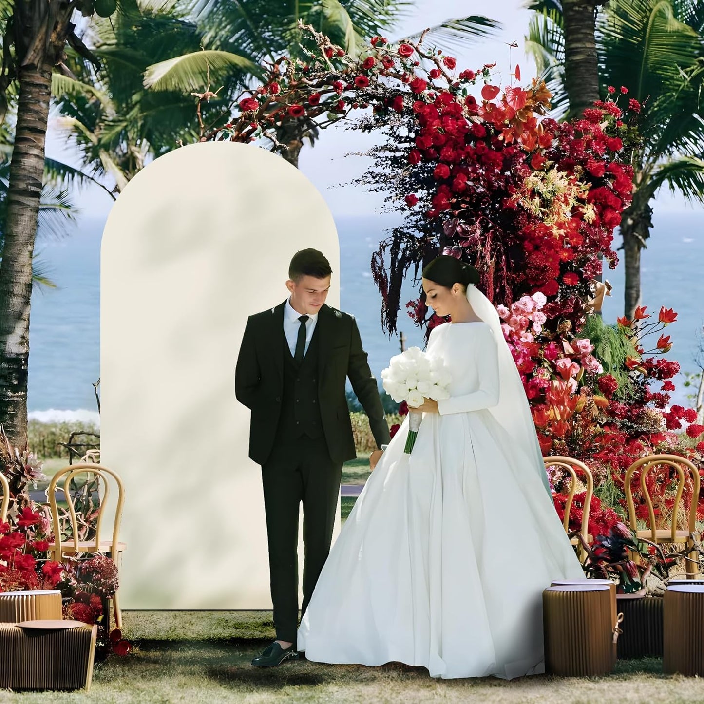 Arch Backdrop Stand Cover 6.6Ft Beige Thick Spandex Fabric Arch Backdrop Cover High Elasticity Fitted Round Top for Wedding Birthday Party Baby Shower Garden Decoration