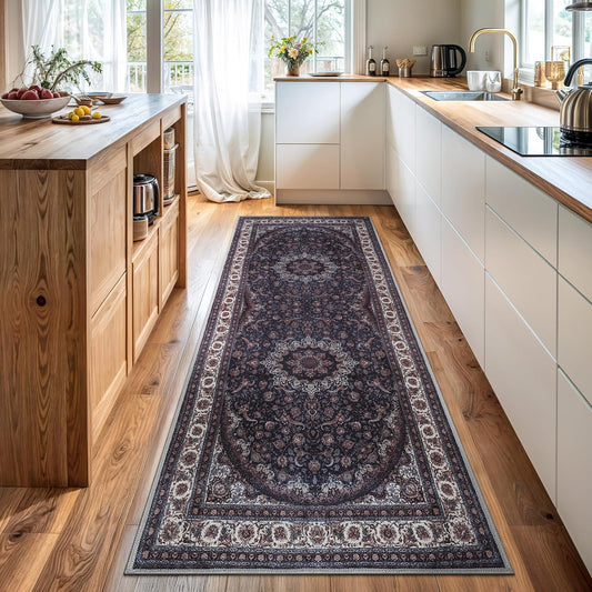 Bloom Rugs Washable Non-Slip 12 ft Runner - Navy Traditional Medallion Runner for Entryway, Hallway, Bathroom, and Kitchen - Exact Size: 2.5' x 12'