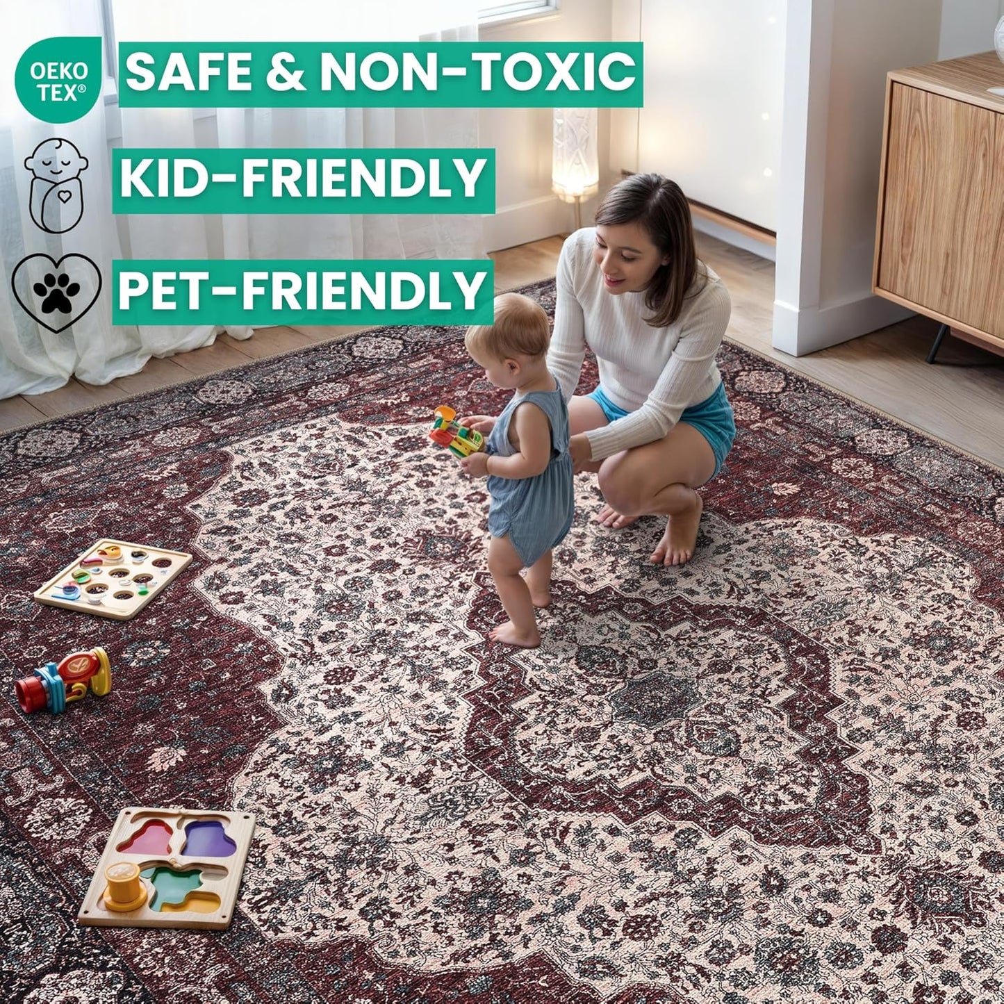 Bloom Rugs Washable Non-Slip 7 ft Runner - Red/Green/Cream Traditional Medallion Runner for Entryway, Hallway, Bathroom, and Kitchen - Exact Size: 2.5' x 7'