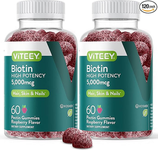 VITEEY Biotin Gummies for Hair Skin and Nails - Biotin for Hair Growth Gummies - 5000 mcg - Vegan, Gluten-Free, Non-GMO – 120 Count