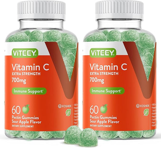 Viteey Vitamin C Gummies for Adults & Teens, 700mg Extra Strength - Immune Support Gummies - Immune Booster - Vegan, Gelatin Free -Tasty Vitamin C Chewable Sour Apple Flavored Gummy-60 Count