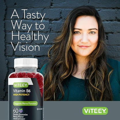 Viteey Vitamin B6 Gummies - Energy, Nerve & Mood Support - B6 Vitamins 100mg - Vegan, Gluten Free, GMO Free - 60 Count