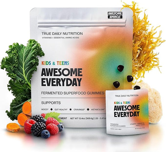 Awesome Everyday Superfood Gummies for Kids & Teens – Multivitamin for Boys & Girls - EAAs, Mushrooms & Adaptogens - Vegan, No Artificial Flavors, Colors or Seed Oils - Ages 2-15 - 28 Count