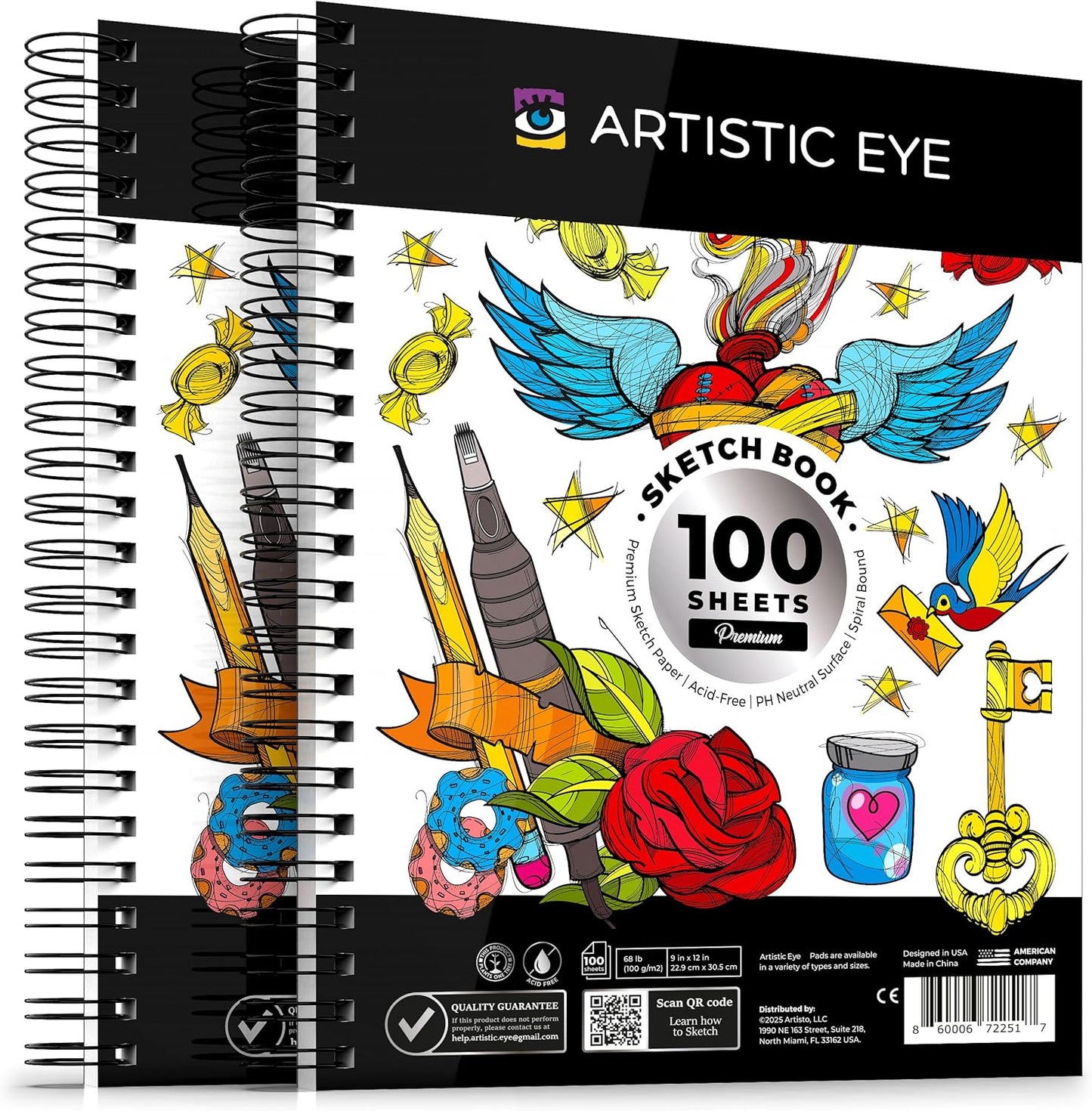 ARTISTIC EYE 9x12 Premium Sketch Book Set, 100 Sheets, Spiral Bound, 68lb (100gsm), Acid-Free Drawing Paper, Ideal for Kids, Teens & Adults (Set of 2)