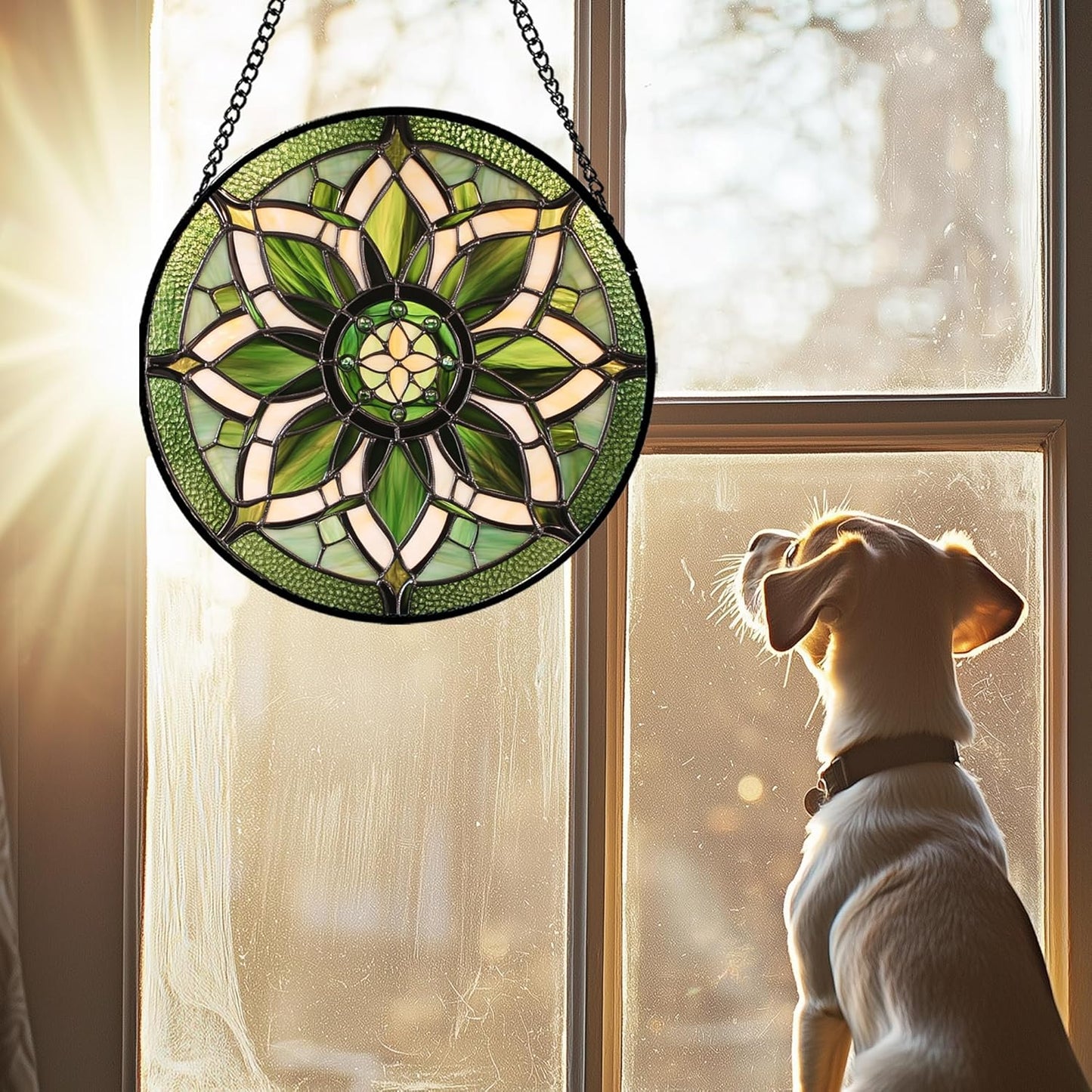 Stained Glass Window Hanging - White Green Boho Flower Suncatcher for Doors Window Home Sun Catchers Decor Christmas Mother's Day Birthday Gifts for Teacher Women Men Mom Nana 6.3 in