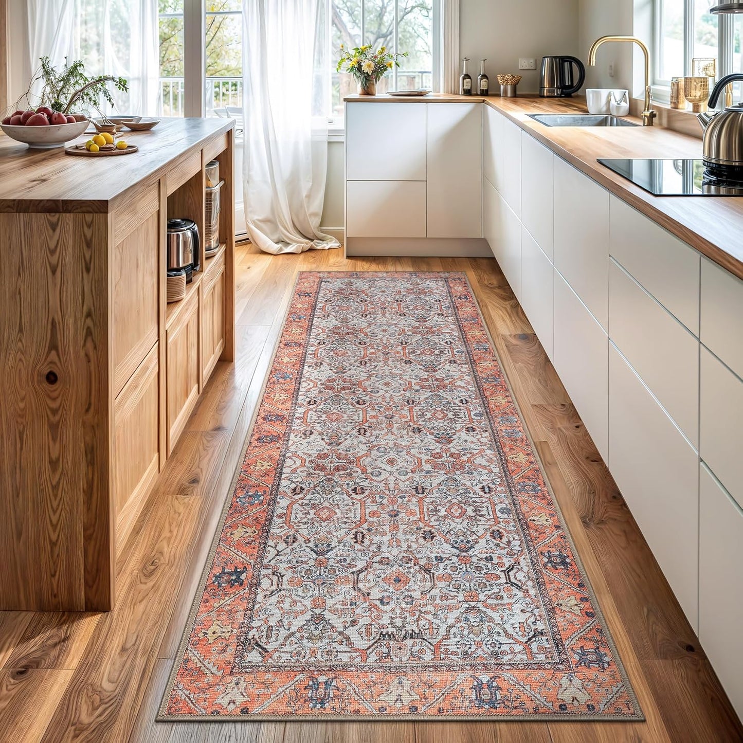 Bloom Rugs Washable Non-Slip 10 ft Runner - Orange Traditional Bordered Runner for Entryway, Hallway, Bathroom, and Kitchen - Exact Size: 2.5' x 10'