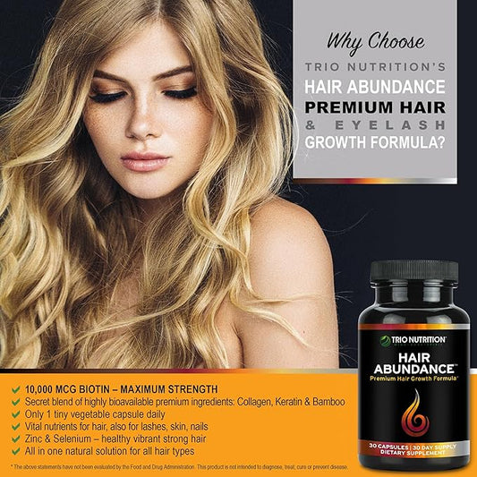 TRIO NUTRITION Hair Abundance | Natural Vitamin Supplement for Hair Growth, Strong Nails and Smooth Skin| Boosted with Collagen, Keratin, Zinc & Selenium | Biotin 10000mcg | 30 Day Supply
