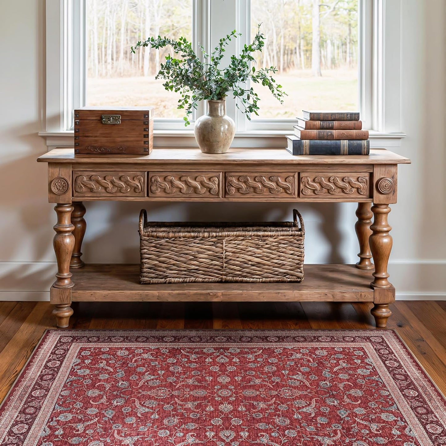 Bloom Rugs Washable Non-Slip 3' x 5' Rug - Red/Beige Traditional Bordered Area Rug for Living Room, Bedroom, Dining Room, and Kitchen - Exact Size: 3' x 5'