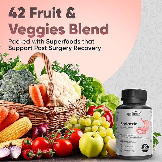 Bariatric Multivitamin with Iron - Easy-to-Swallow Capsule for Post Bariatric Surgery - Post Sleeve and Post Bypass with 42 Fruit & Veggies Blend - 60 Liquid Capsules