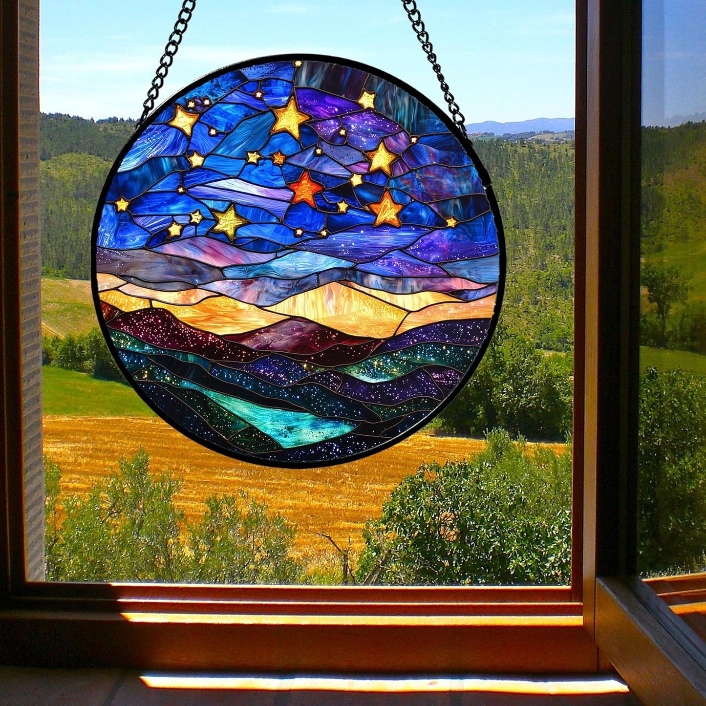 Stained Glass Window Hanging, Blue Sky Gold Stars Abstract Landscape Suncatcher for Doors Window Home Sun Catchers Decor Mother's Day Birthday Gifts for Women, Men Mom 7.8 in