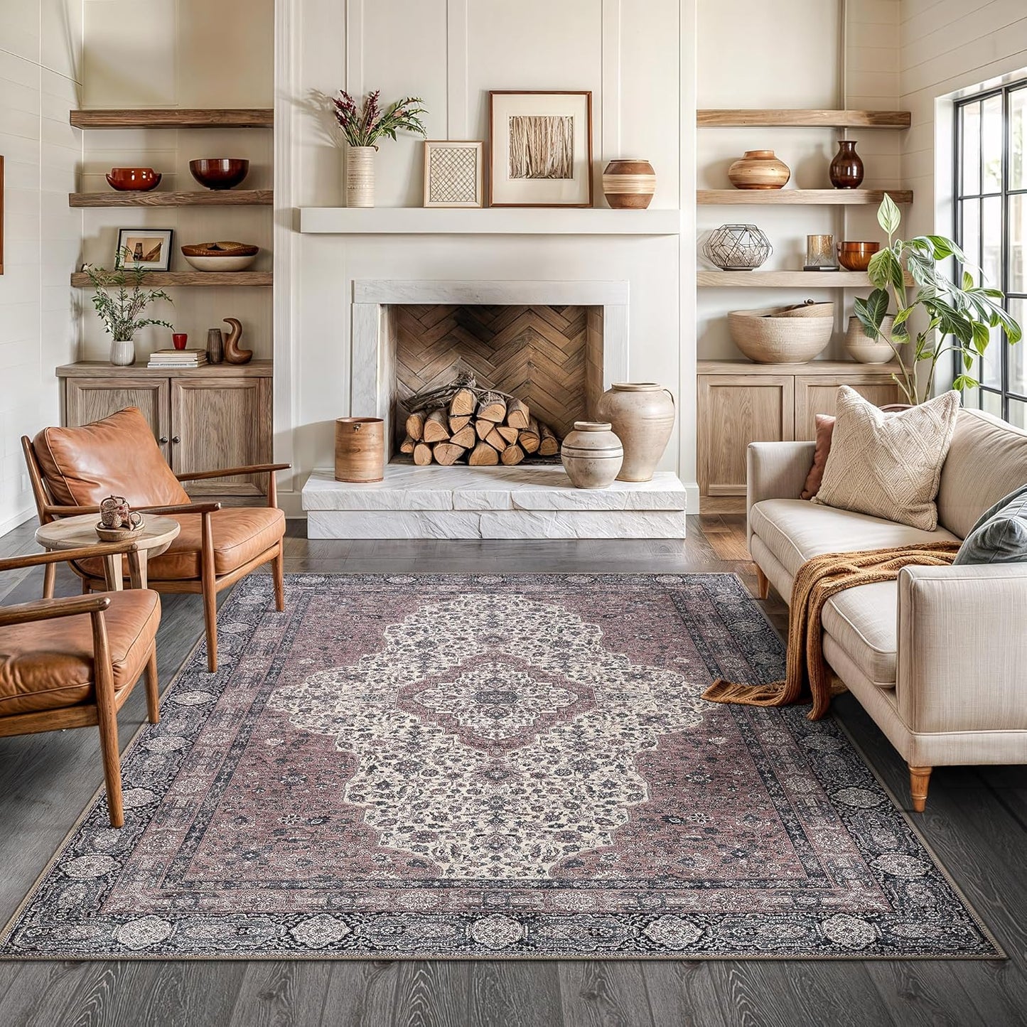 Bloom Rugs Washable Non-Slip 6' x 9' Rug - Cream/Green Traditional Medallion Area Rug for Living Room, Bedroom, Dining Room, and Kitchen - Exact Size: 6' x 9'