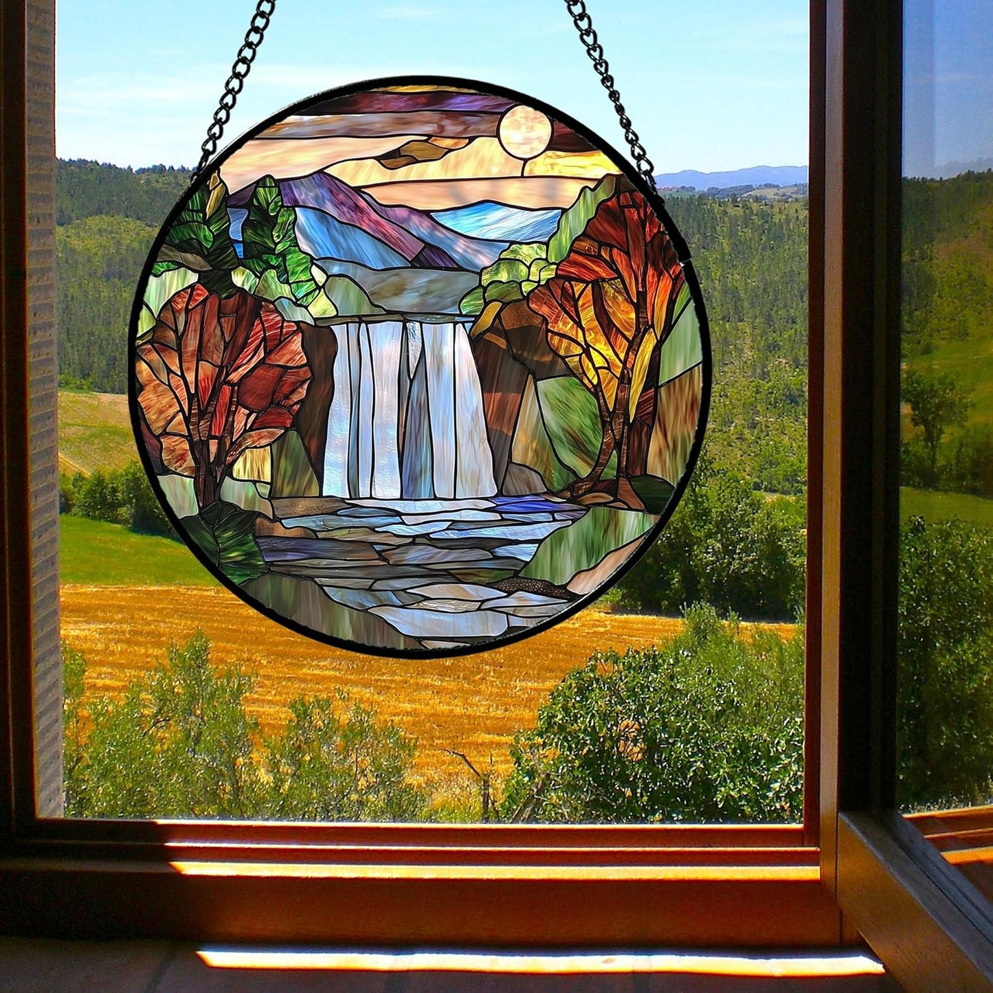 Stained Glass Window Hanging, Abstract Landscape Waterfall Mountains Trees Suncatcher for Doors Window Home Sun Catchers Decor Mother's Day Birthday Gifts for Women Men Mom 11.8 in