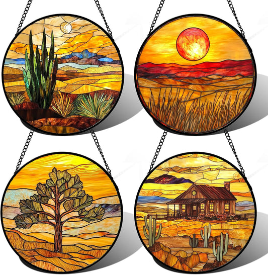 Stained Glass Window Hanging 4 Pcs Set Desert Sunset Theme Landscape 7.8" - Suncatcher Door Garden Sun Catcher Decor Birthday Christmas for Mom Woman Nana Men