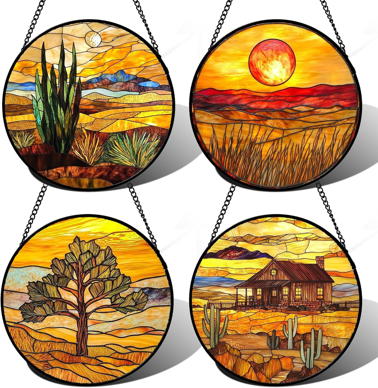 Stained Glass Window Hanging 4 Pcs Set Desert Sunset Theme Landscape 9.8" - Suncatcher Door Garden Sun Catcher Decor Birthday Christmas for Mom Woman Nana Men