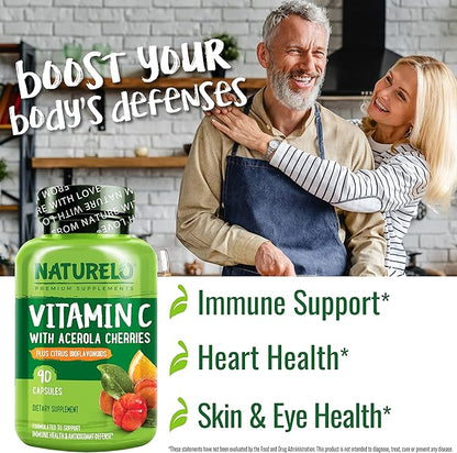 NATURELO Vitamin C with Organic Acerola Cherry Extract and Citrus Bioflavonoids - Vegan Supplement - Immune Support - 500 mg VIT C per Cap - Non-GMO - 180 Capsules
