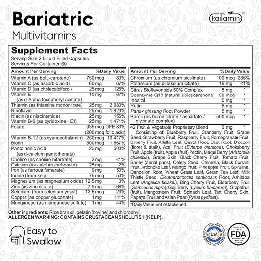Bariatric Multivitamin with Iron – Post Bariatric Surgery – Gastric Bypass & Sleeve Support – for Women & Men – Easy to Swallow – B12, B6 & 42 Superfoods –Gluten-Free- 120 Caps 2-Month Supply