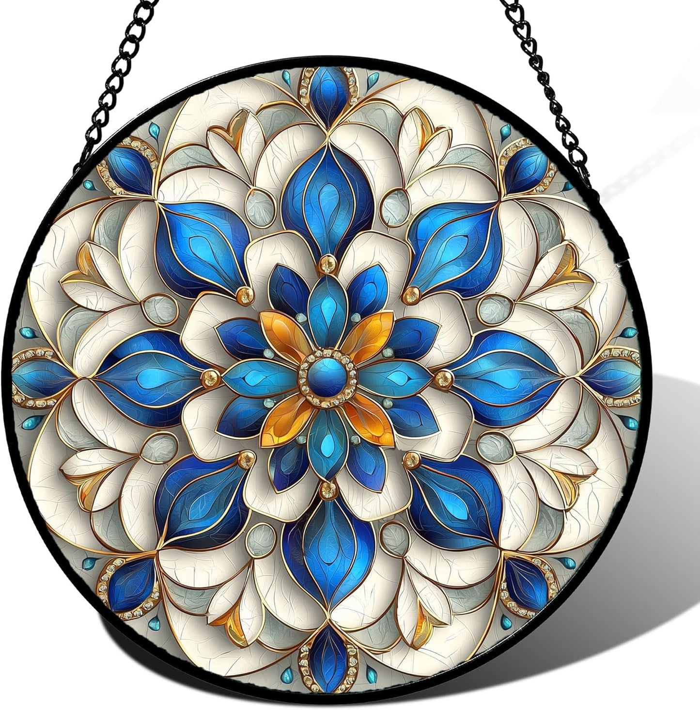 Stained Glass Window Hanging - Blue and White Abstract Flowers Suncatcher for Door Terrace Garden Home Decor, Gold Sun Catcher Birthday Gifts for Lovers Women Men Dad Mom Nana 11.8 in