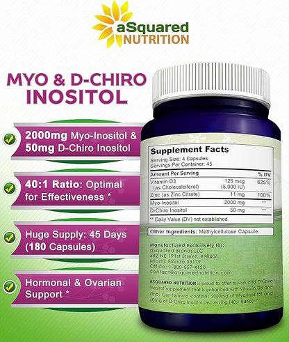 aSquared Nutrition Myo-Inositol & D-Chiro Inositol Supplement - 180 Capsules - Plus Vitamin D3 and Zinc - Myo & D-Chiro Inositol 40 to 1 Ratio - VIT B8 Complex Pills