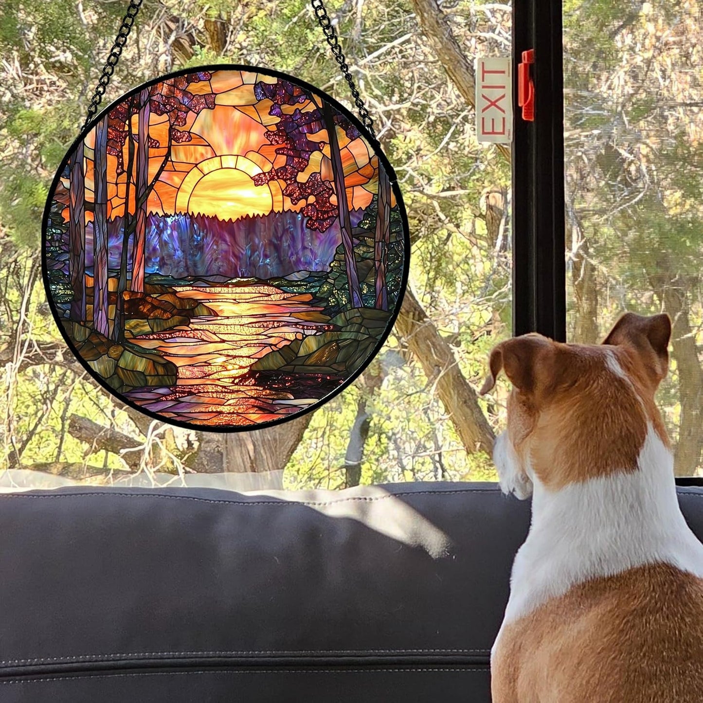 Stained Glass Window Hanging, Orange Landscape Green Purple Lake Forest Suncatcher for Doors Window Home Sun Catchers Decor Mother's Day Birthday Gifts for Women Men Mom 15 in