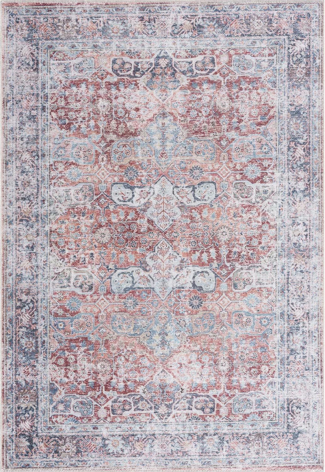 Bloom Rugs Caria Washable Non-Slip 8x10 Rug - Brick/Dark Blue Traditional Area Rug for Living Room, Bedroom, Dining Room, and Kitchen - Exact Size: 7'8" x 10'