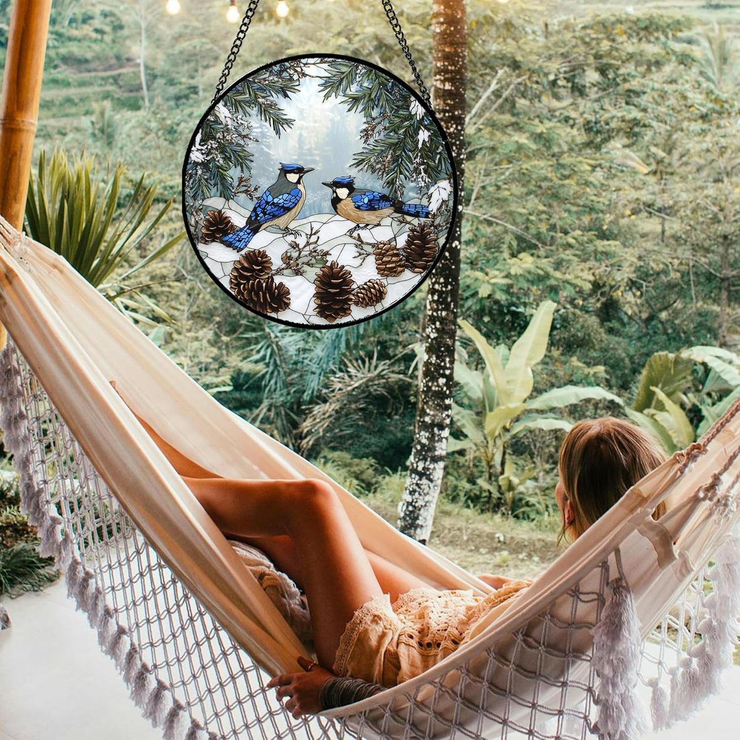 Stained Glass Window Hanging - Blue Bird Winter Forest Landscape Suncatcher for Door Garden Yard Sun Catchers Decor Christmas Mother's Day Birthday Gifts for Women Mom Nana Friend 6.3 in