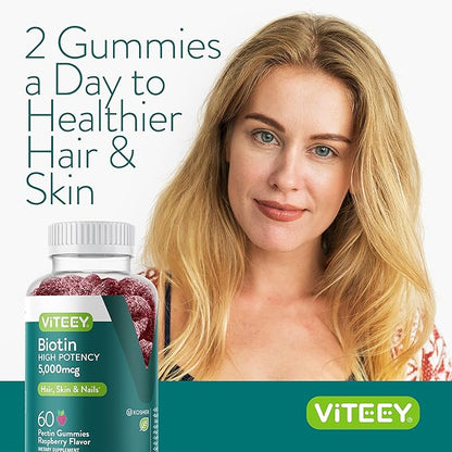 Viteey Biotin Gummies for Hair Skin and Nails - Biotin for Hair Growth Gummies - 5000 mcg - Vegan, Gluten-Free, Non-GMO – 60 Count