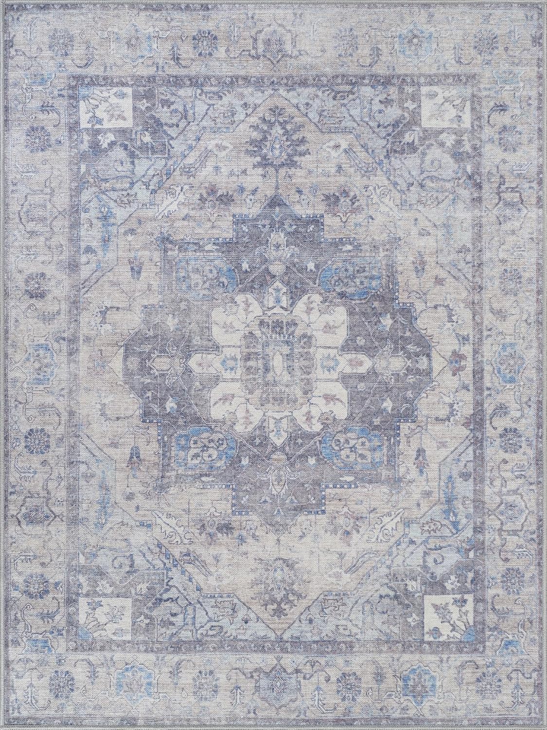 Bloom Rugs Washable Non-Slip 3' x 5' Rug - Blue/Sand Traditional Medallion Area Rug for Living Room, Bedroom, Dining Room, and Kitchen - Exact Size: 3' x 5'