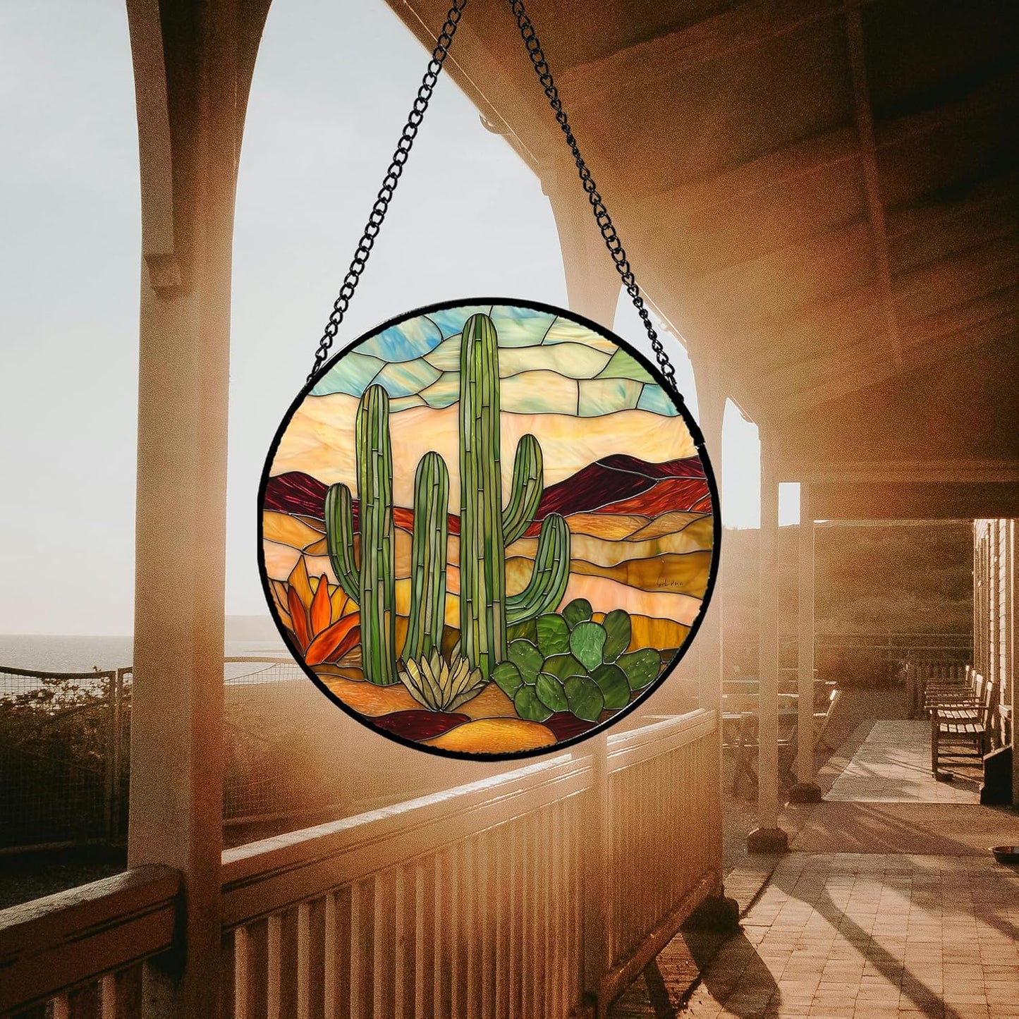 Stained Glass Window Hanging, Green Cactus Sun Catcher for Door Terrace Garden Home Decor, Abstract Desert Landscape Suncatcher Birthday Gifts for Lovers Women Men Dad Mom Nana 9.8 in