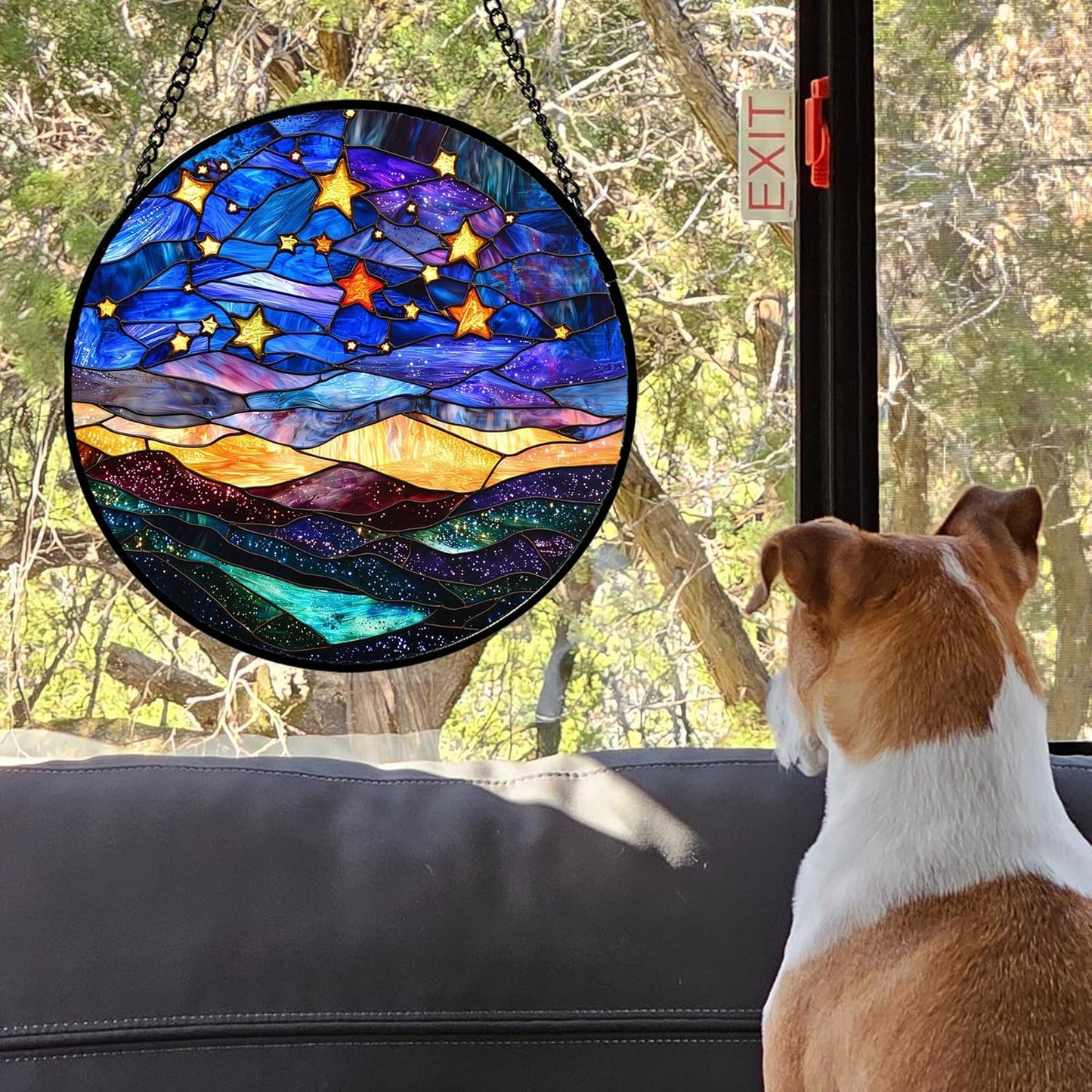 Stained Glass Window Hanging, Blue Sky Gold Stars Abstract Landscape Suncatcher for Doors Window Home Sun Catchers Decor Mother's Day Birthday Gifts for Women, Men Mom 9.8 in