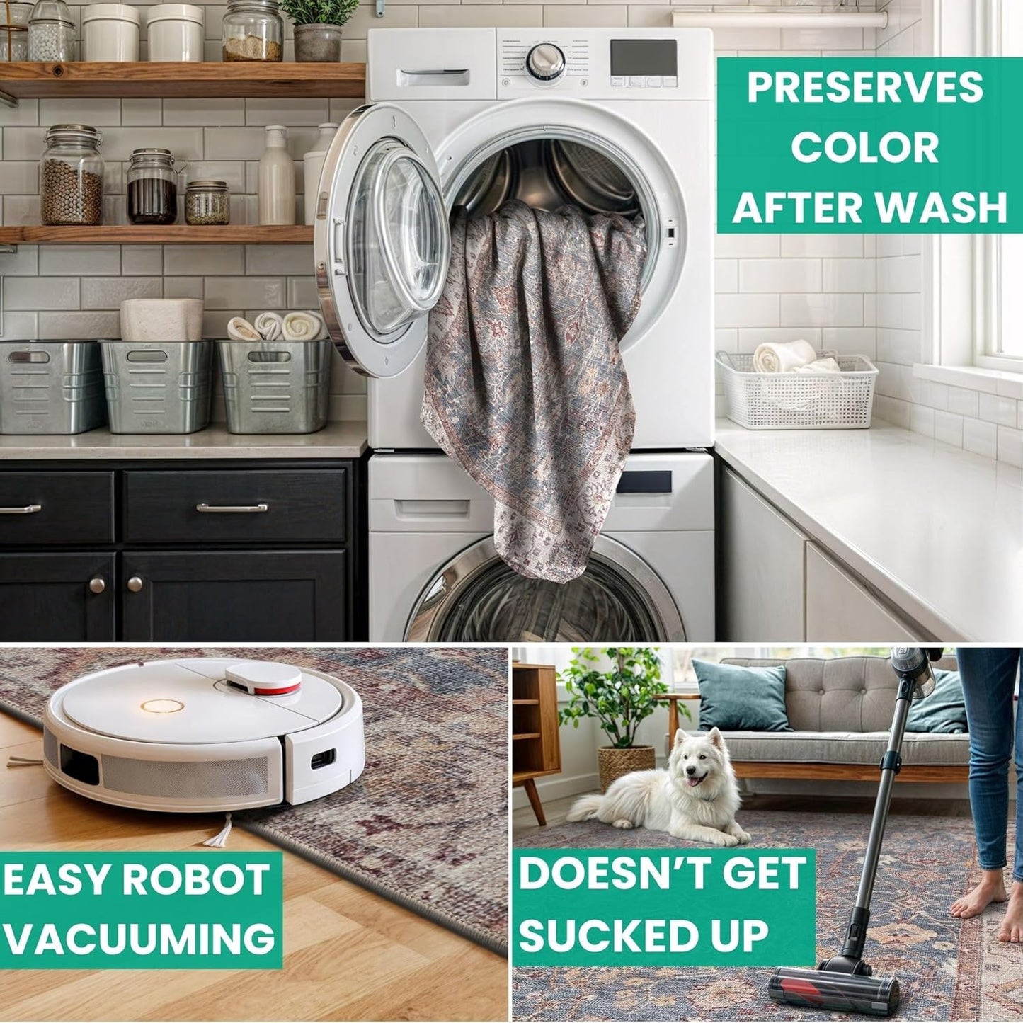 Bloom Rugs Washable Non-Slip 3' x 5' Rug - Beige/Blue Traditional Bordered Area Rug for Living Room, Bedroom, Dining Room, and Kitchen - Exact Size: 3' x 5'