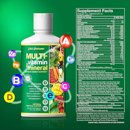 Life's Fortune Liquid Multivitamin for Adults Men & Women, Teens – High Absorption Daily Vitamins – Trace Minerals, Amino Acids with Biotin, L-Arginine, Potassium – Tropical Flavor, Sugar Free, 32 oz